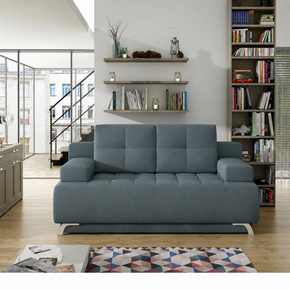 Canapea extensibila OSLO, stofa catifelata turcoaz inchis - Riviera 87, cu lada depozitare, 197x94x90 cm