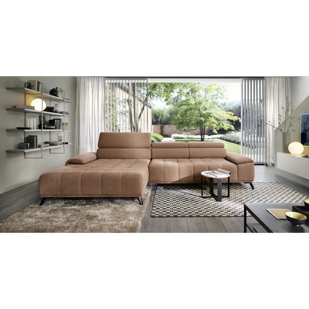 Coltar PALLADIO MINI, sezlong stanga, stofa catifelata gri - Monolith 92, cu tetiere reglabile si reglaj electric, 322x183x99 cm