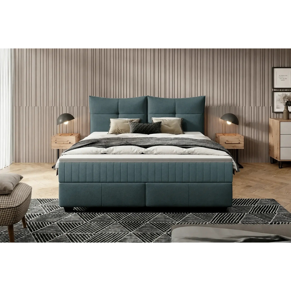 Pat CADIS 180x200, stofa catifelata turcoaz inchis - Riviera 87, cu suport pentru saltea
