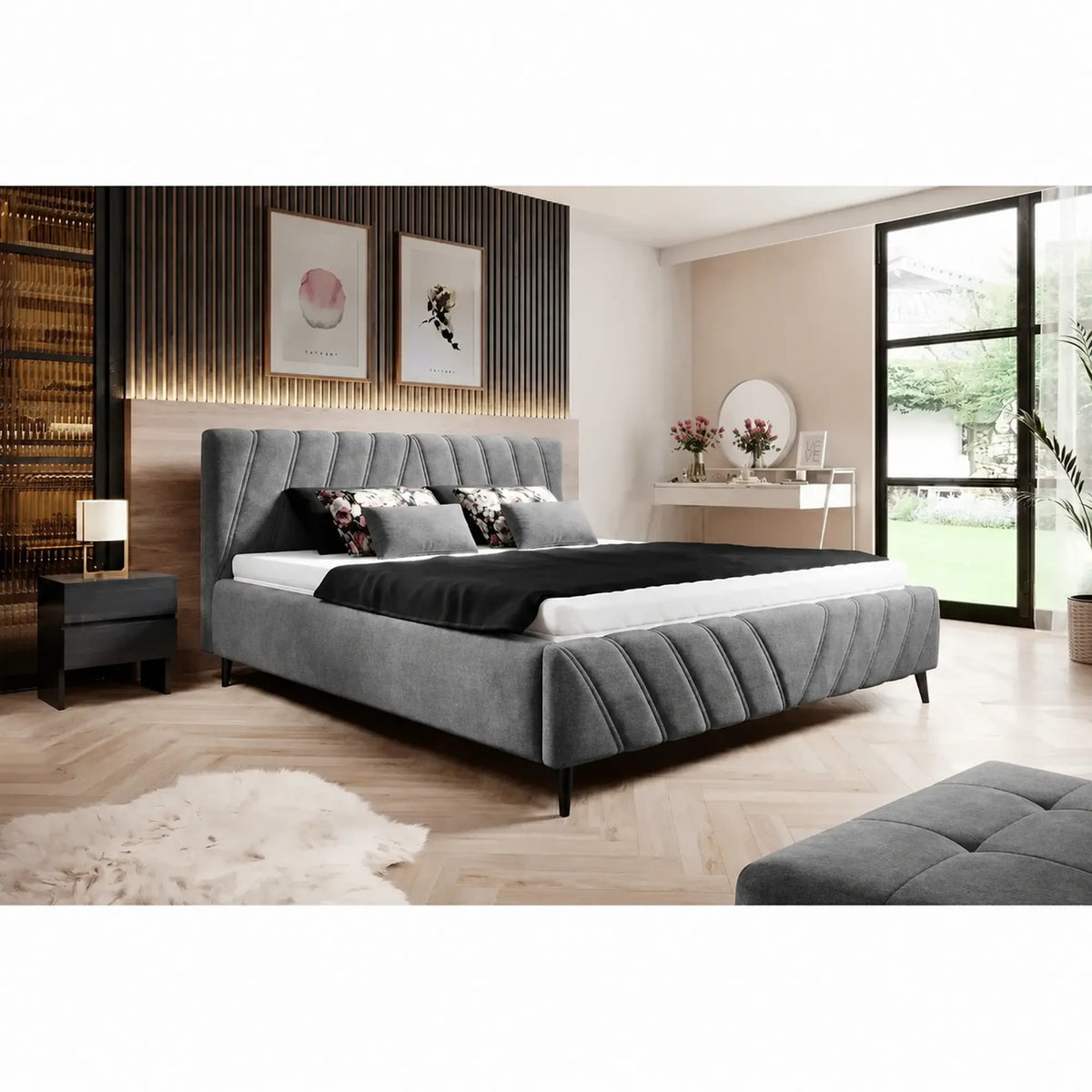 Pat CALYPSO SR 160x200, stofa catifelata gri - Palladium 15, cu somiera si sistem de reglare a inaltimii