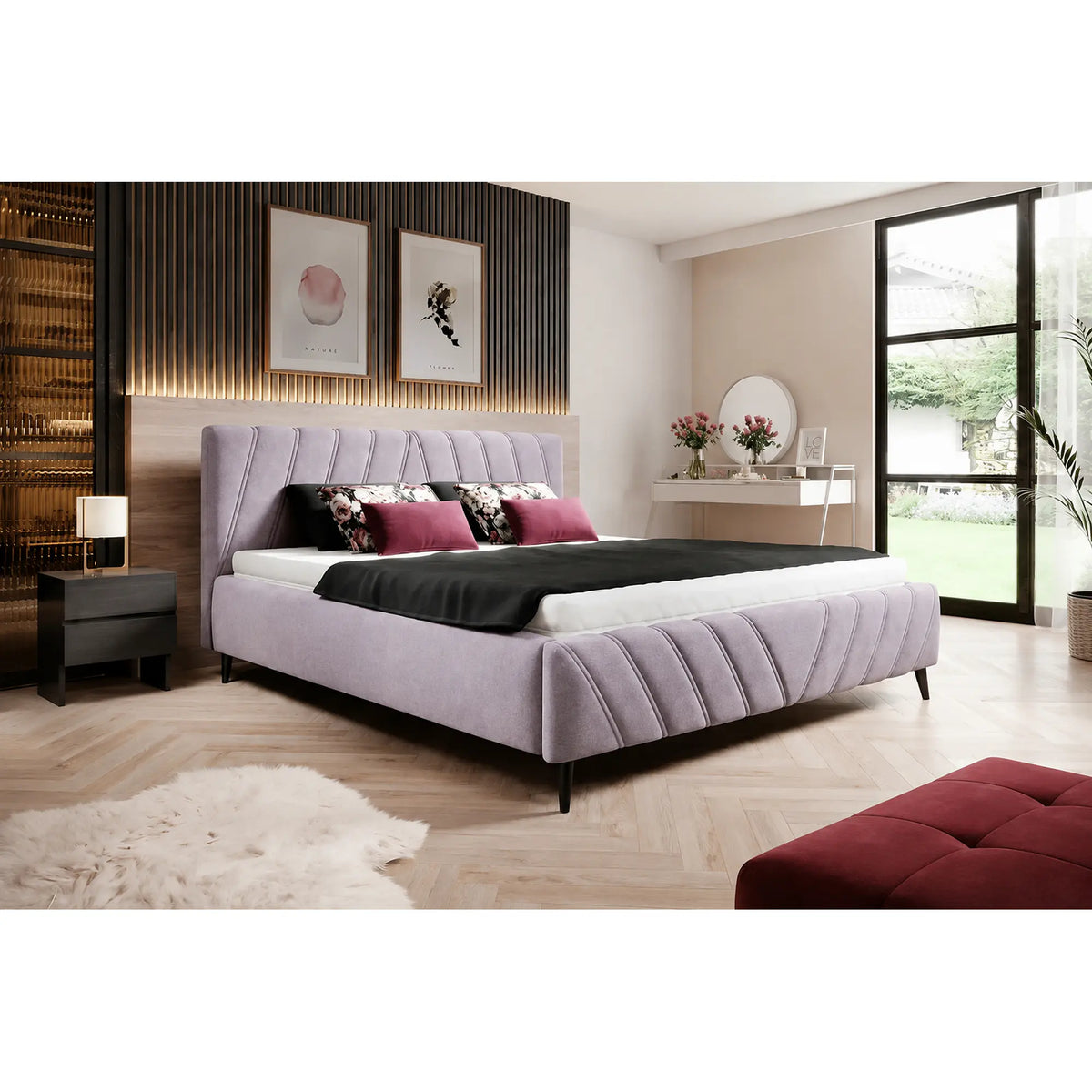 Pat CALYPSO SR 160x200, stofa catifelata roz prafuit - Riviera 62, cu somiera din lemn