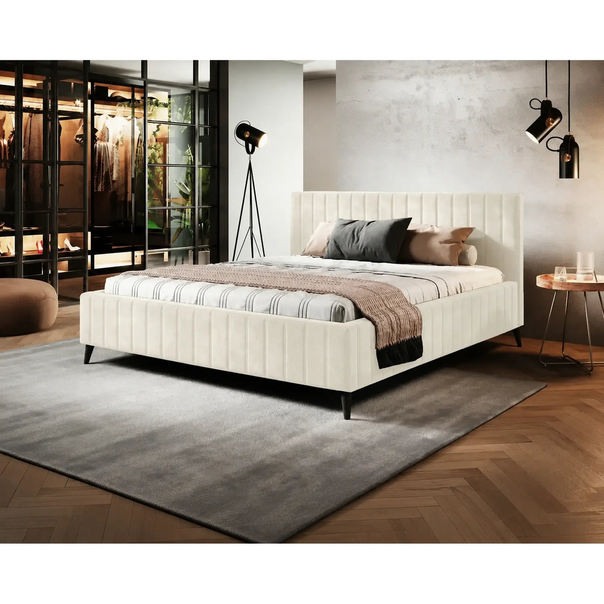 Pat MAGGIE SR 180x200, stofa catifelata crem - Riviera 21, cu suport saltea si sistem de reglare