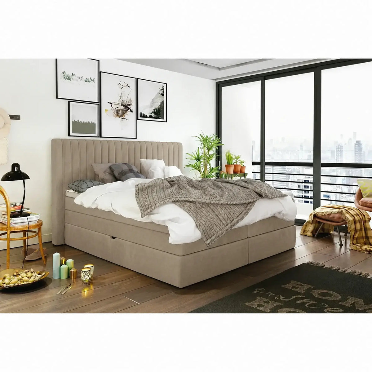 Pat MINOLA boxspring 180x200, stofa catifelata bej - Riviera 16, cu saltele, topper si 2 lazi pentru depozitare