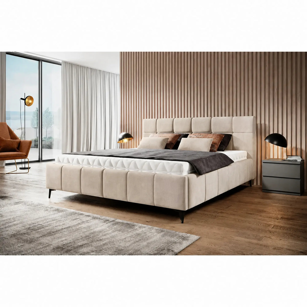 Pat NAOMI SR 180x200, stofa catifelata bej - Palladium 02, somiera metalica si sistem de reglare