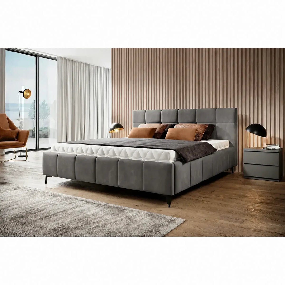 Pat NAOMI SR 180x200, stofa catifelata gri - Palladium 16, somiera metalica si sistem de reglare
