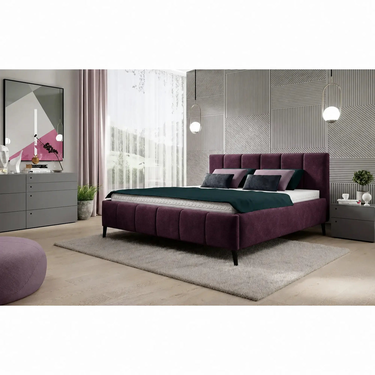 Pat RIVA SR 160x200, stofa catifelata violet - Whisper 14, cu suport saltea si sistem de reglare