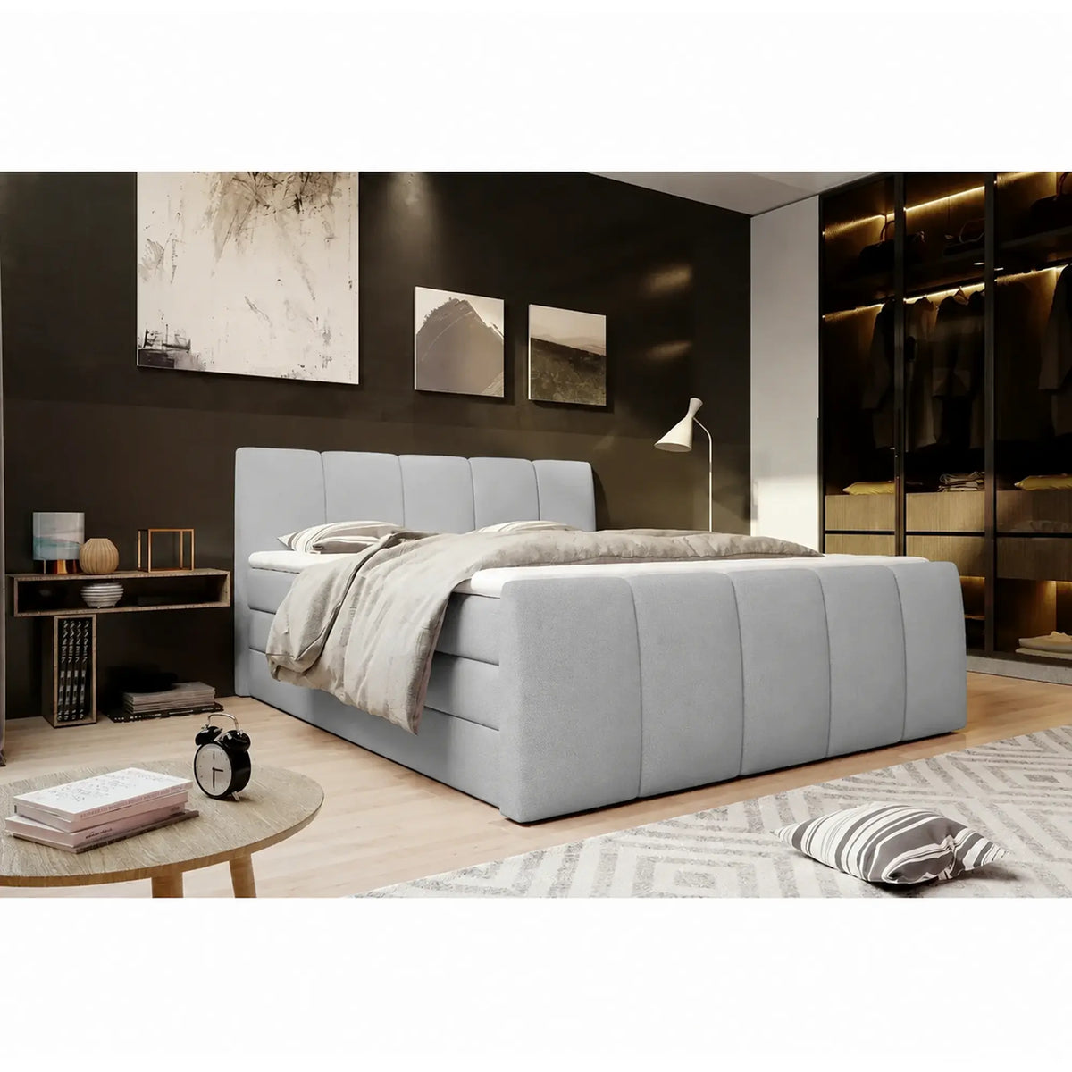 Pat boxspring FRESCO 140x200, stofa catifelata gri deschis - Royal Velvet 17, cu saltele, topper si 2 lazi pentru depozitare