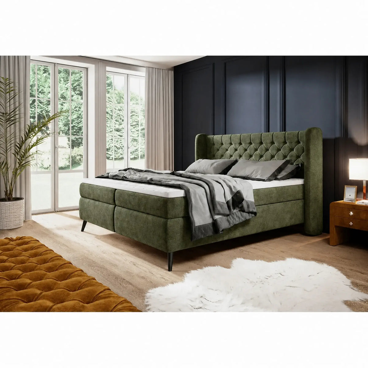 Pat boxspring MADISON 160x200, stofa buclata verde - Now or Never 38, cu saltele si topper