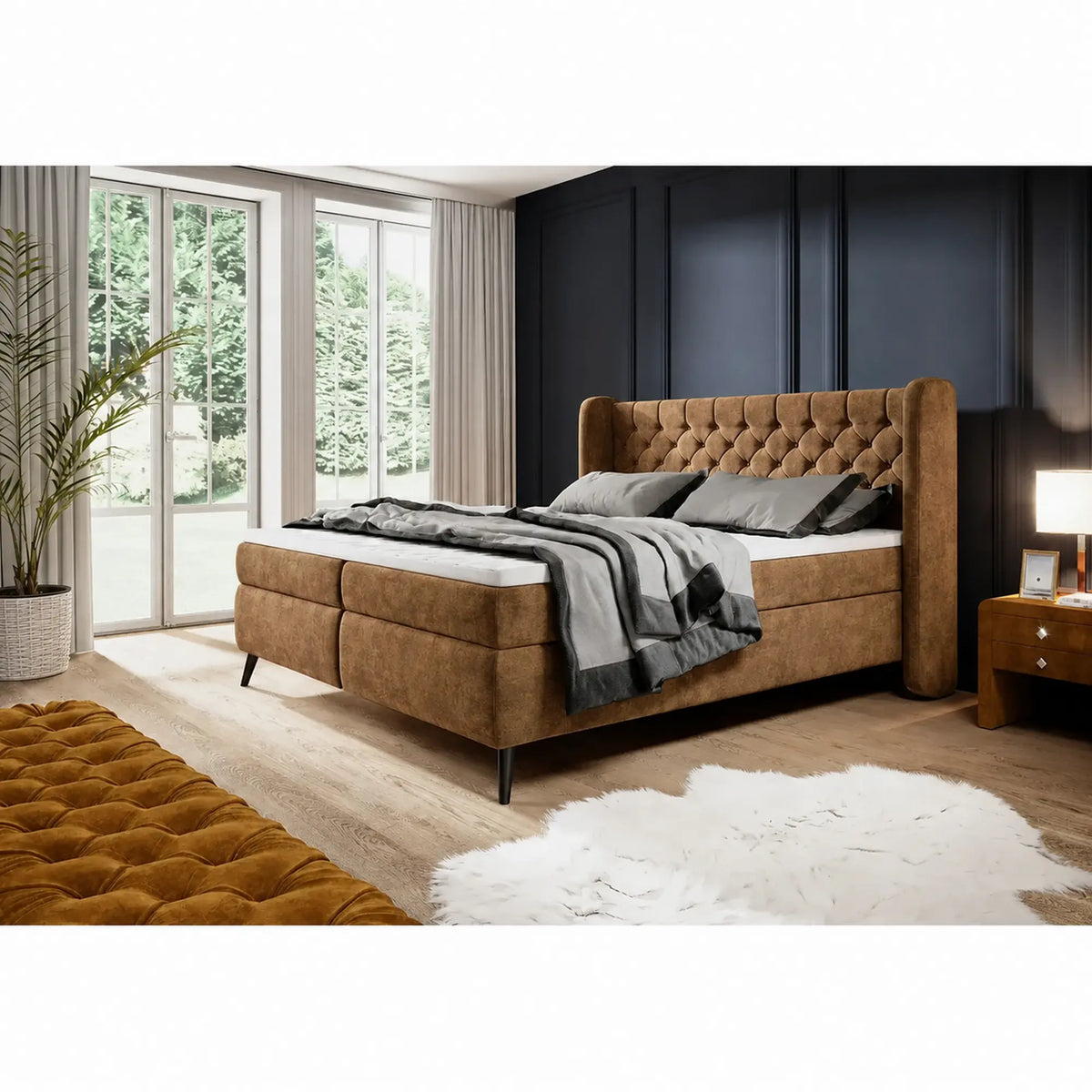Pat boxspring MADISON 160x200, stofa caramiziu - Whisper 9, cu saltele si topper