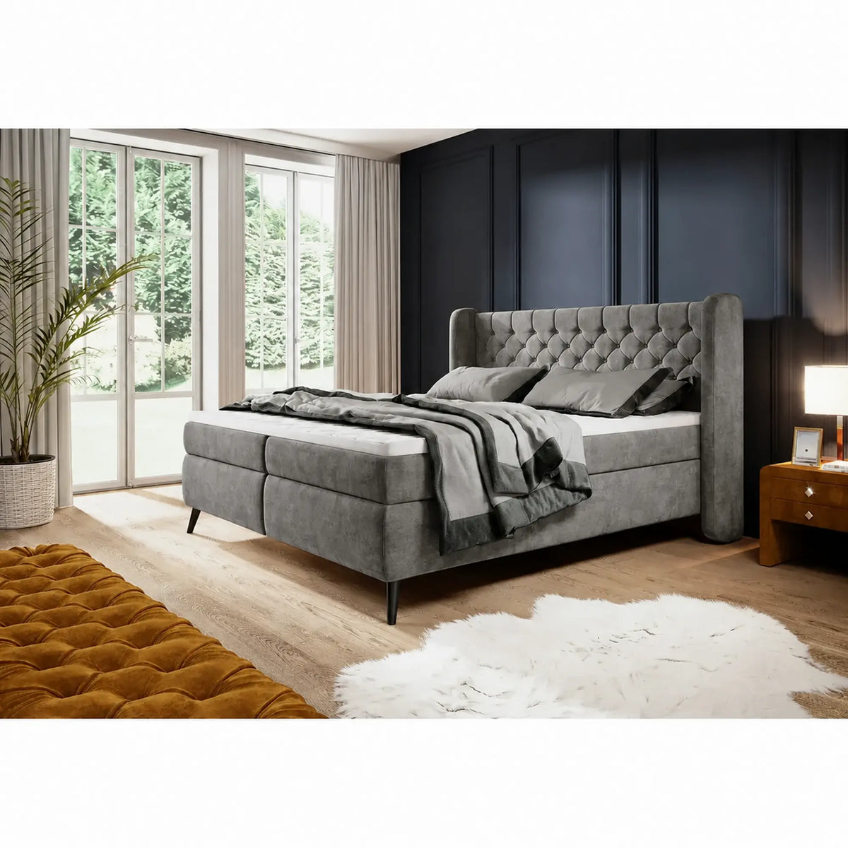Pat boxspring MADISON 180x200, stofa catifelata gri - Salvador 14, cu saltele si topper