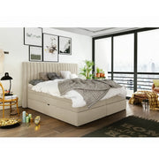 Pat boxspring MINOLA 140x200, stofa catifelata crem - Riviera 21, cu saltele, topper si 2 lazi pentru depozitare
