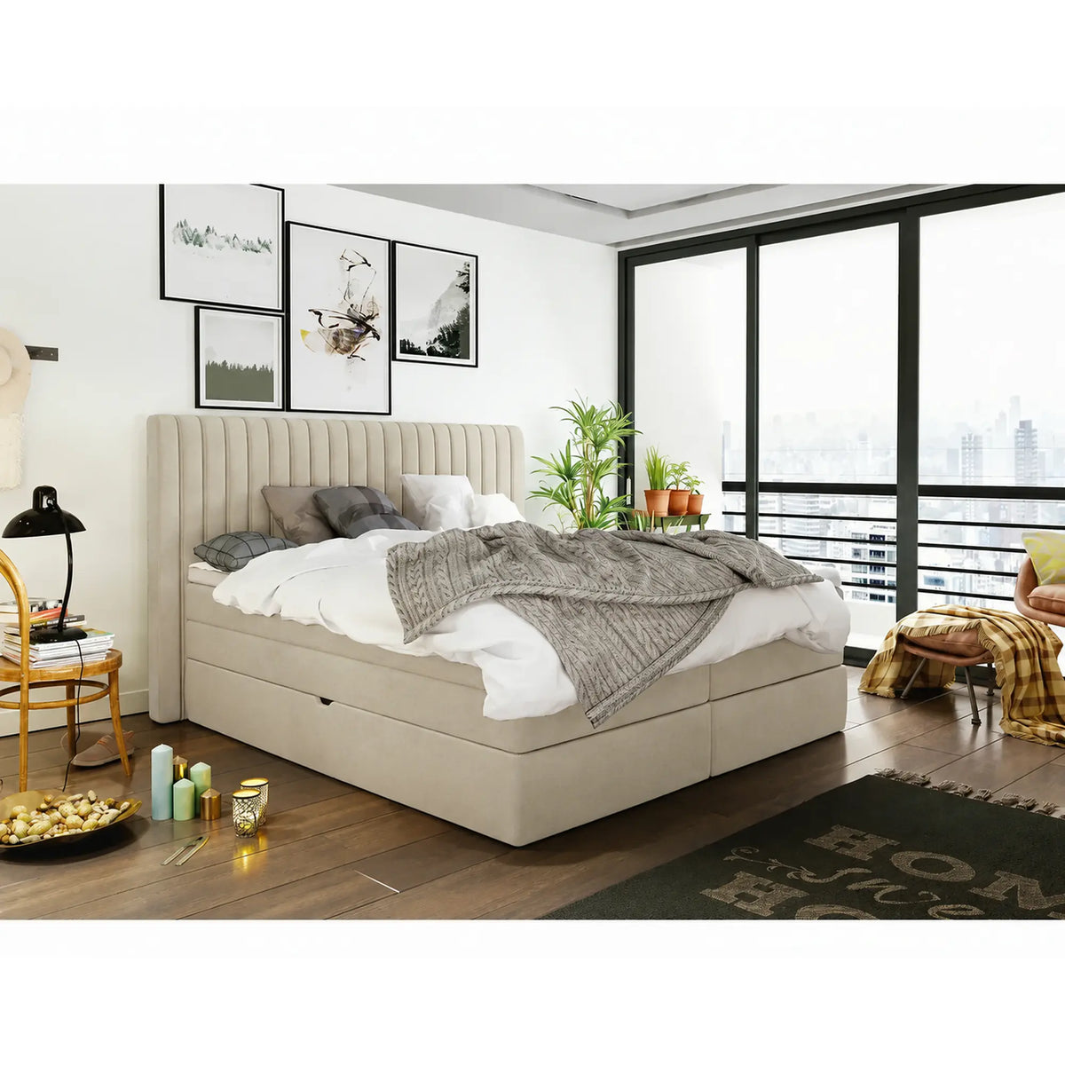 Pat boxspring MINOLA 140x200, stofa catifelata crem - Riviera 21, cu saltele, topper si 2 lazi pentru depozitare