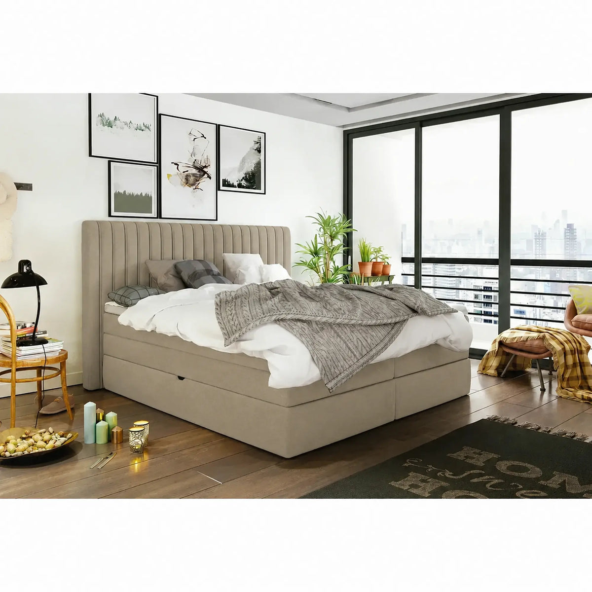 Pat boxspring MINOLA 160x200, stofa catifelata bej - Riviera 16, cu saltele, topper si 2 lazi pentru depozitare