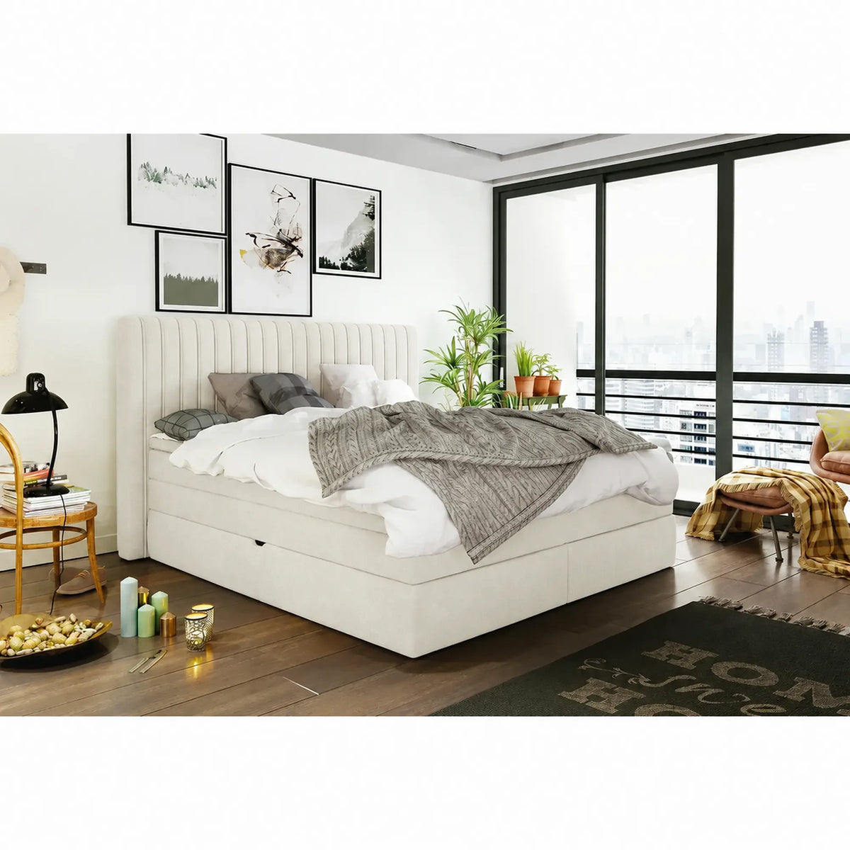 Pat boxspring MINOLA 160x200, stofa catifelata crem - Riviera 21, cu saltele, topper si 2 lazi pentru depozitare