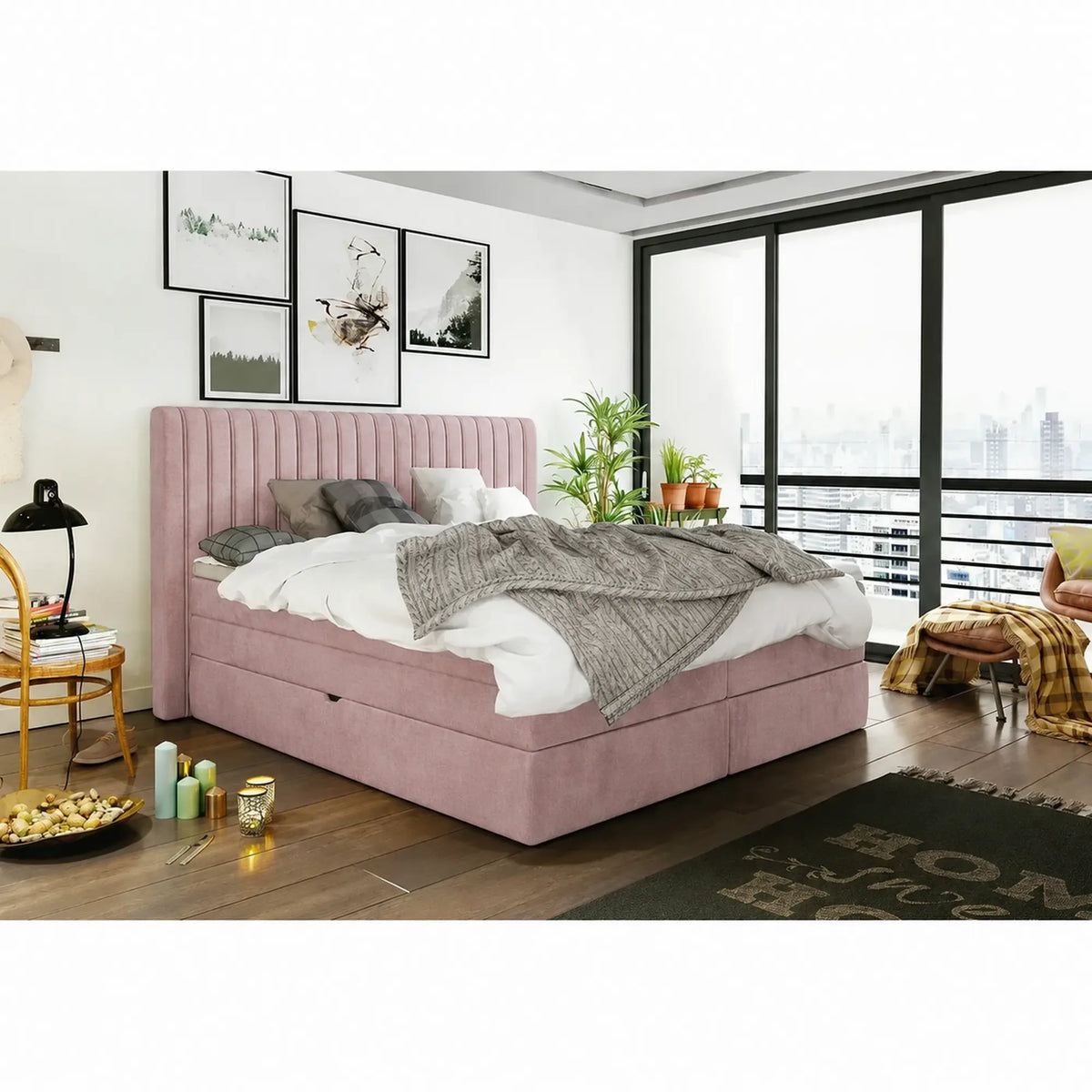 Pat boxspring MINOLA 160x200, stofa catifelata roz - Riviera 62, cu saltele, topper si 2 lazi pentru depozitare