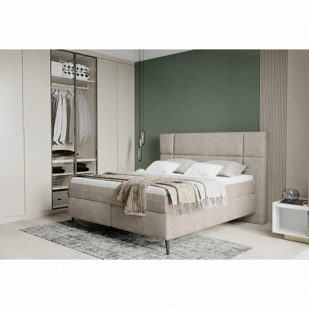 Pat tapitat boxspring LUCIO 180x200, stofa catifelata bej deschis - Ontario 02, cu saltele si topper