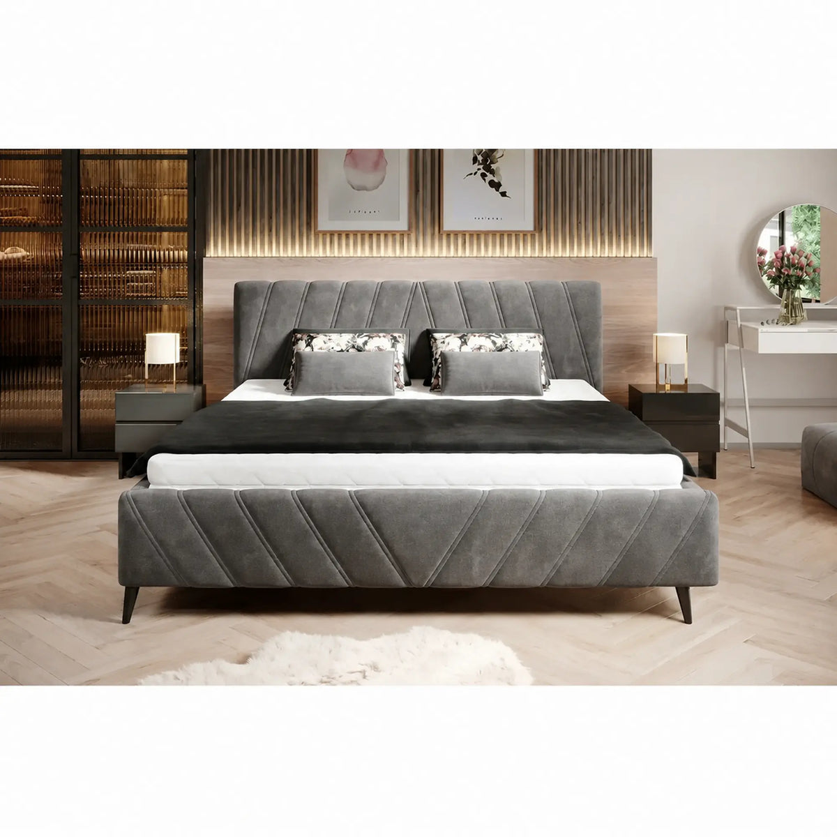 Pat CALYPSO SR 160x200, stofa catifelata gri - Palladium 15, cu somiera si sistem de reglare a inaltimii