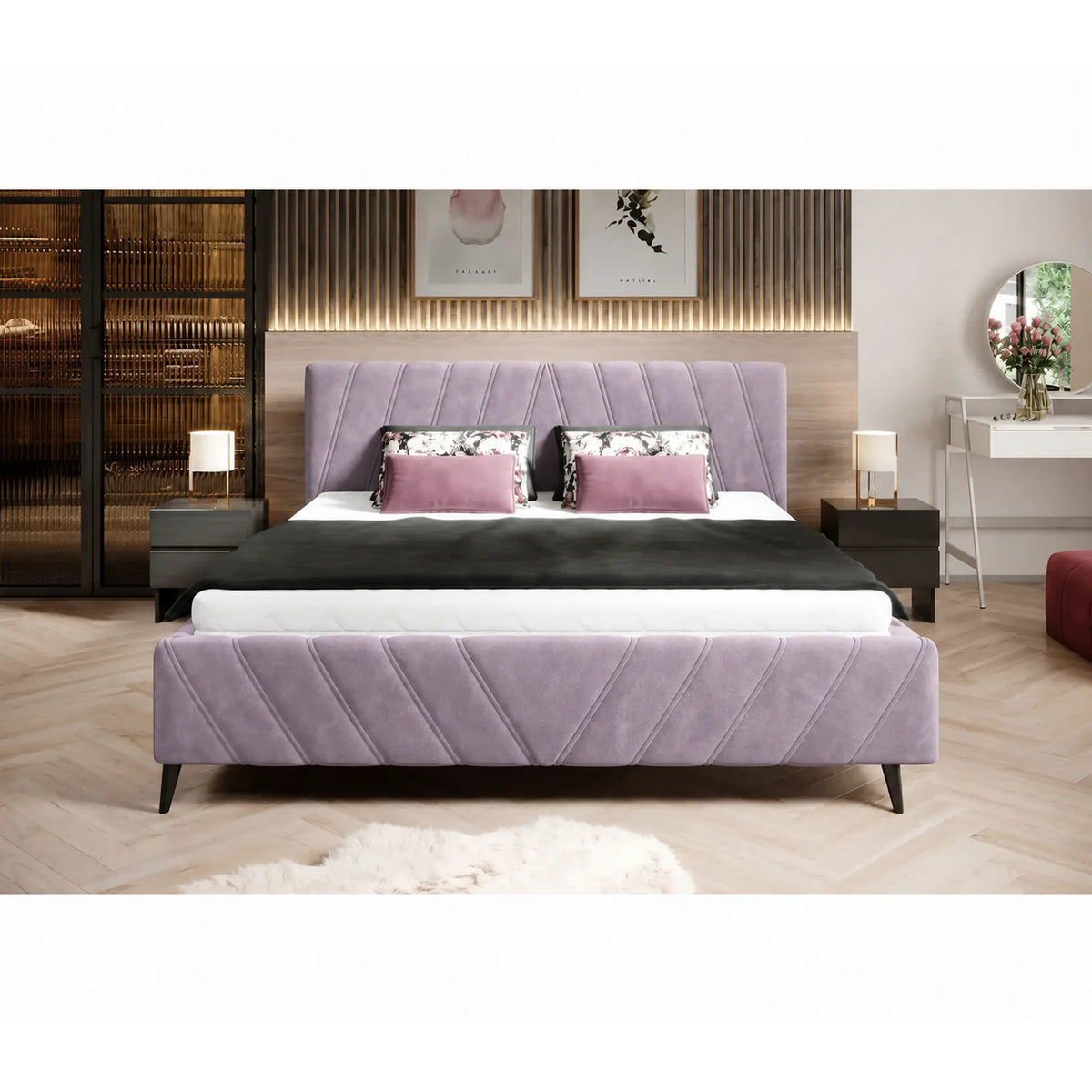 Pat CALYPSO SR 160x200, stofa catifelata roz prafuit - Riviera 62, cu somiera din lemn
