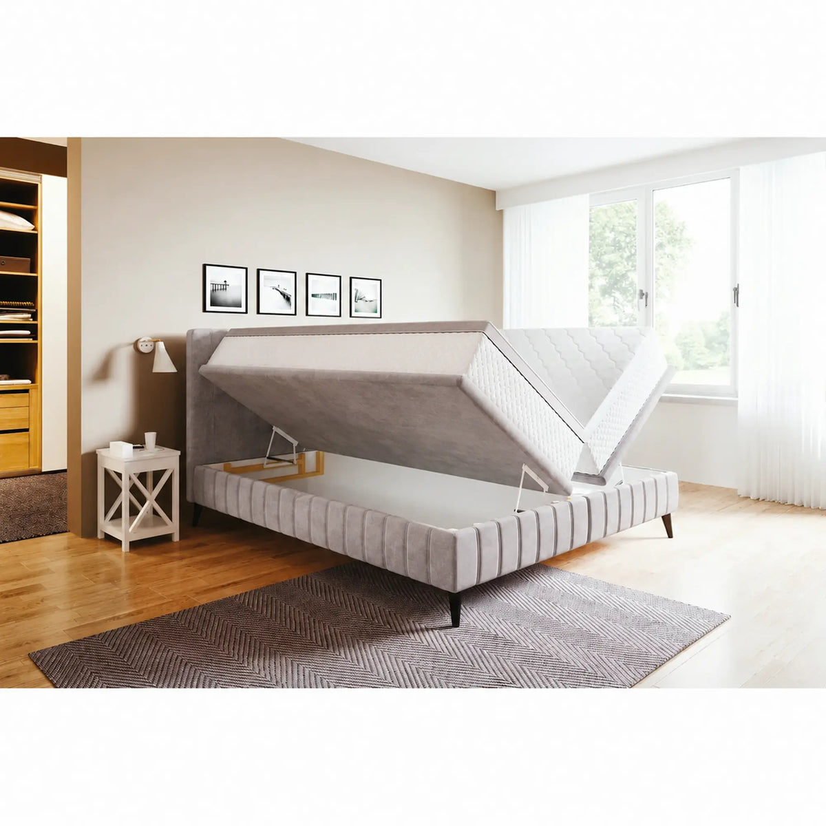 Pat CAYA 180x200, stofa catifelata bej - Whisper 03, cu suport saltea, 2 lazi pentru depozitare si pistoane pe gaz