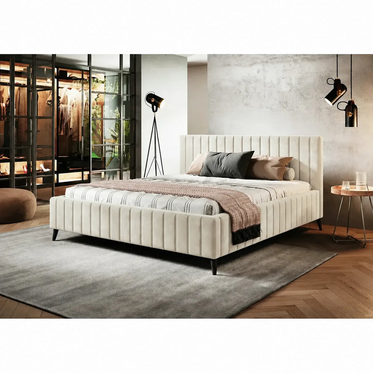 Pat MAGGIE SR 180x200, stofa catifelata crem - Riviera 21, cu suport saltea si sistem de reglare