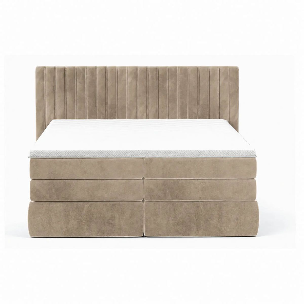 Pat MINOLA boxspring 180x200, stofa catifelata bej - Riviera 16, cu saltele, topper si 2 lazi pentru depozitare