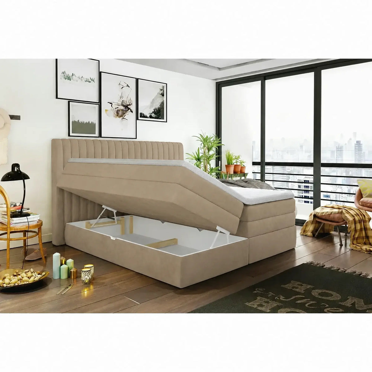 Pat MINOLA boxspring 180x200, stofa catifelata bej - Riviera 16, cu saltele, topper si 2 lazi pentru depozitare