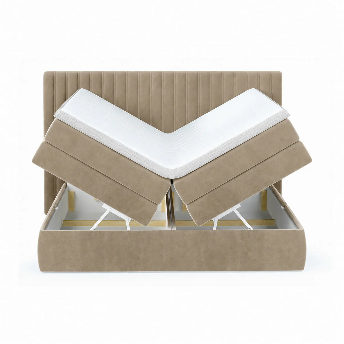 Pat MINOLA boxspring 180x200, stofa catifelata bej - Riviera 16, cu saltele, topper si 2 lazi pentru depozitare