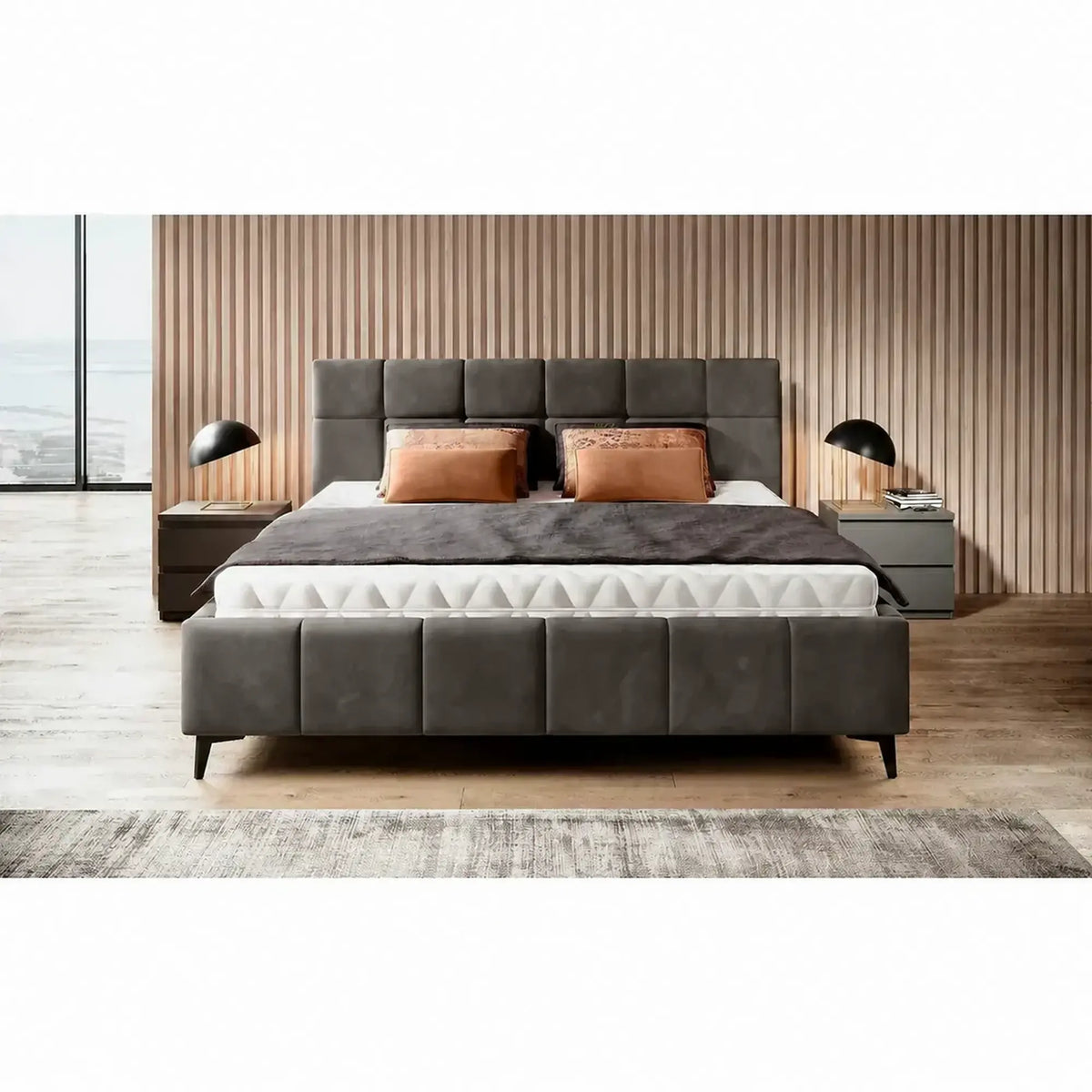 Pat NAOMI SR 160x200, stofa catifelata gri inchis - Riviera 97, somiera metalica si sistem de reglare