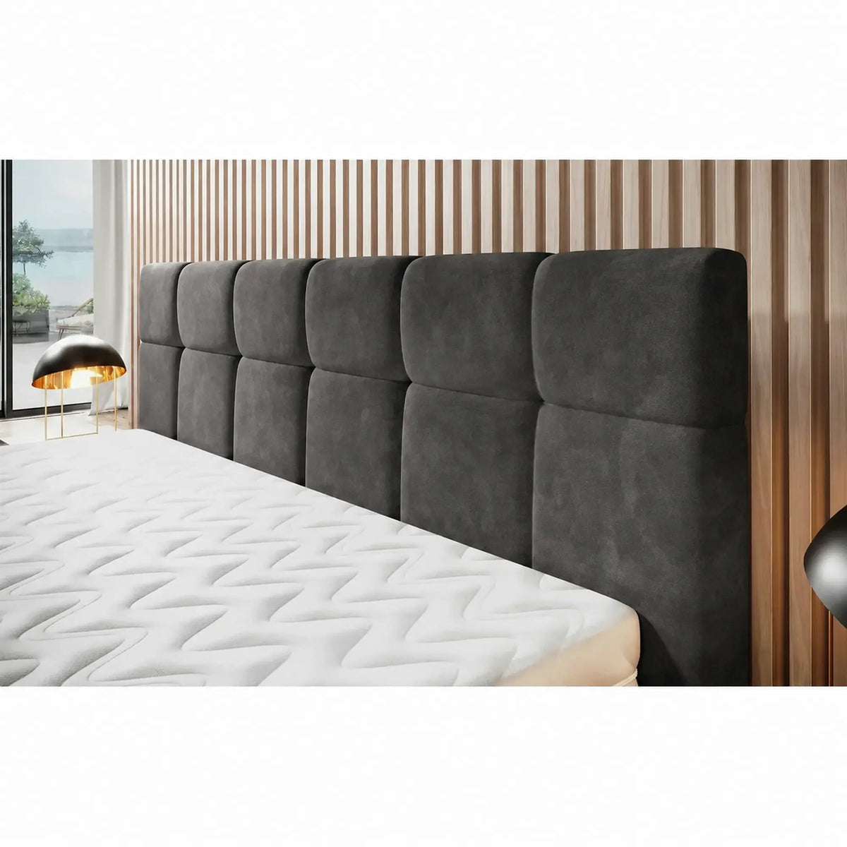 Pat NAOMI SR 160x200, stofa catifelata gri inchis - Riviera 97, somiera metalica si sistem de reglare