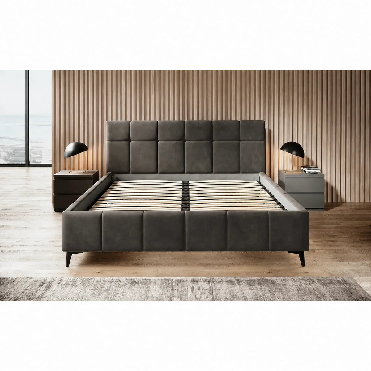 Pat NAOMI SR 160x200, stofa catifelata gri inchis - Riviera 97, somiera metalica si sistem de reglare