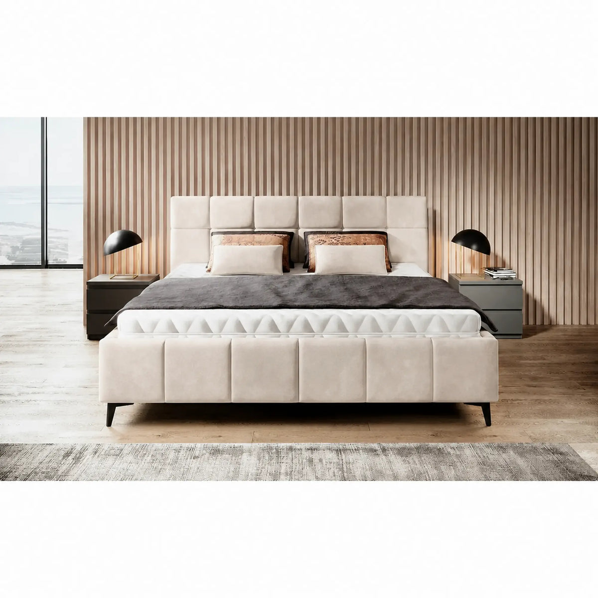 Pat NAOMI SR 180x200, stofa catifelata bej - Palladium 02, somiera metalica si sistem de reglare