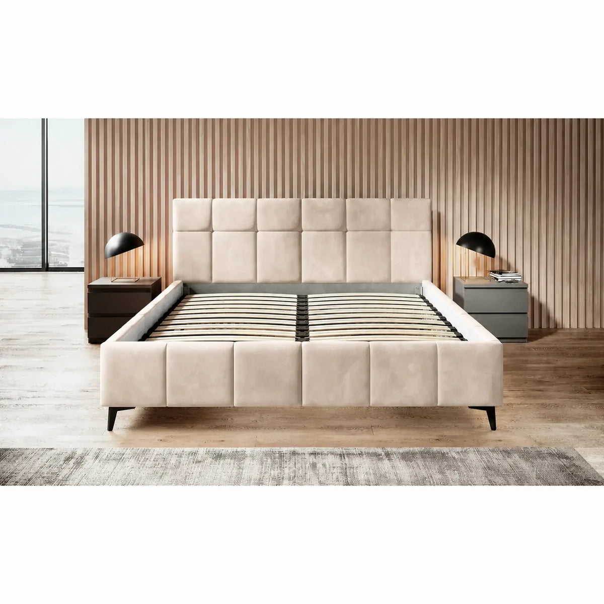 Pat NAOMI SR 180x200, stofa catifelata bej - Palladium 02, somiera metalica si sistem de reglare