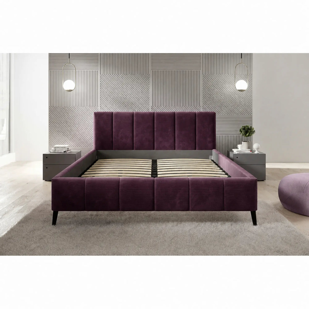 Pat RIVA SR 160x200, stofa catifelata violet - Whisper 14, cu suport saltea si sistem de reglare