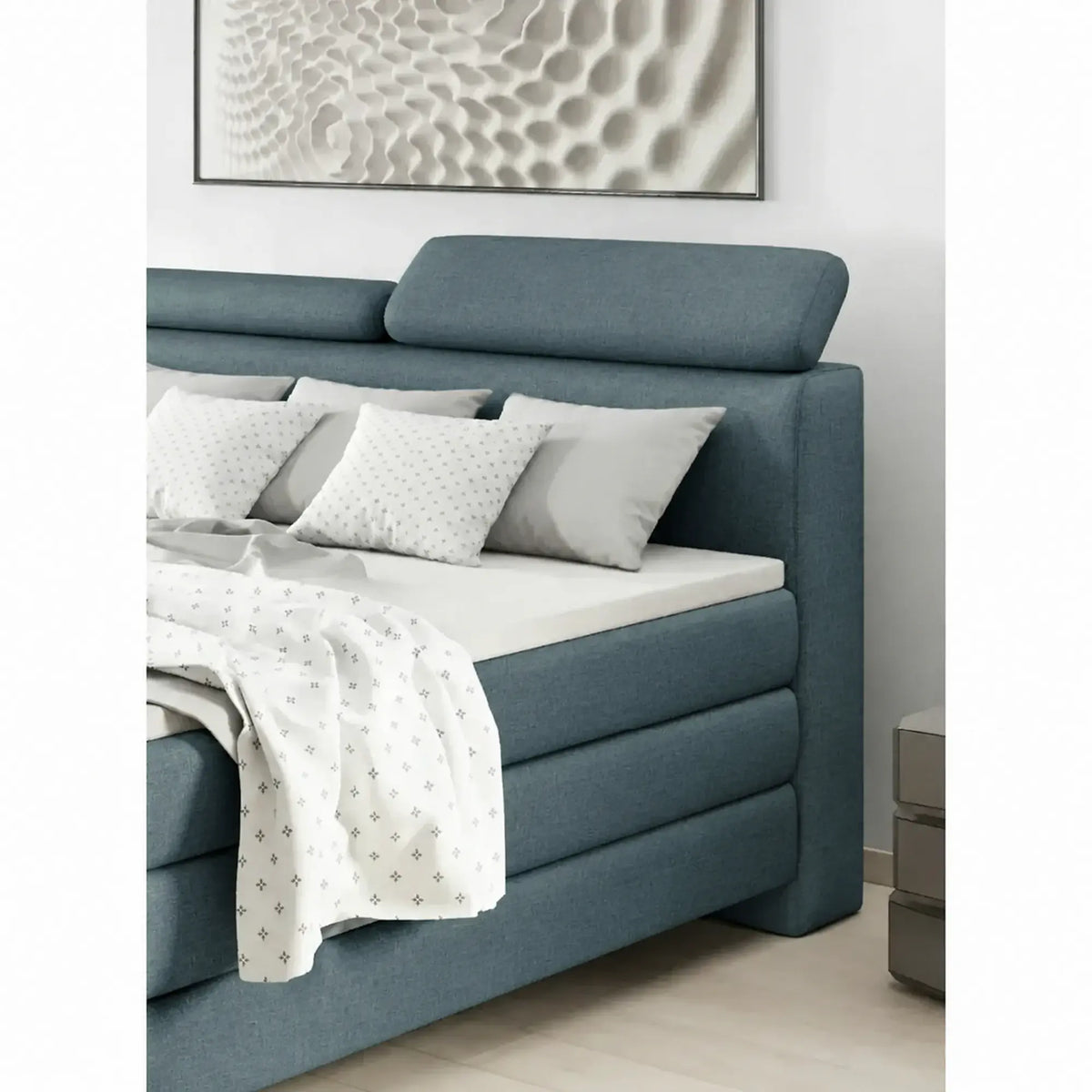 Pat boxspring KANO 160x200, stofa catifelata albastru - Palladium 14, cu saltea, topper, tetiere reglabile si 2 spatii depozitare