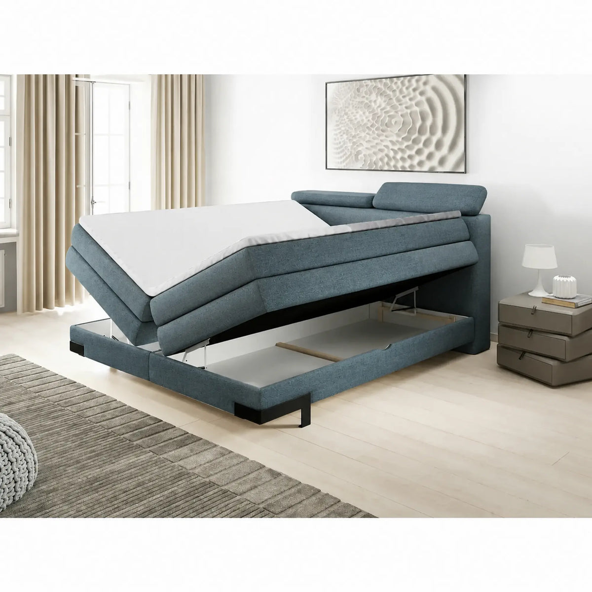 Pat boxspring KANO 160x200, stofa catifelata albastru - Palladium 14, cu saltea, topper, tetiere reglabile si 2 spatii depozitare