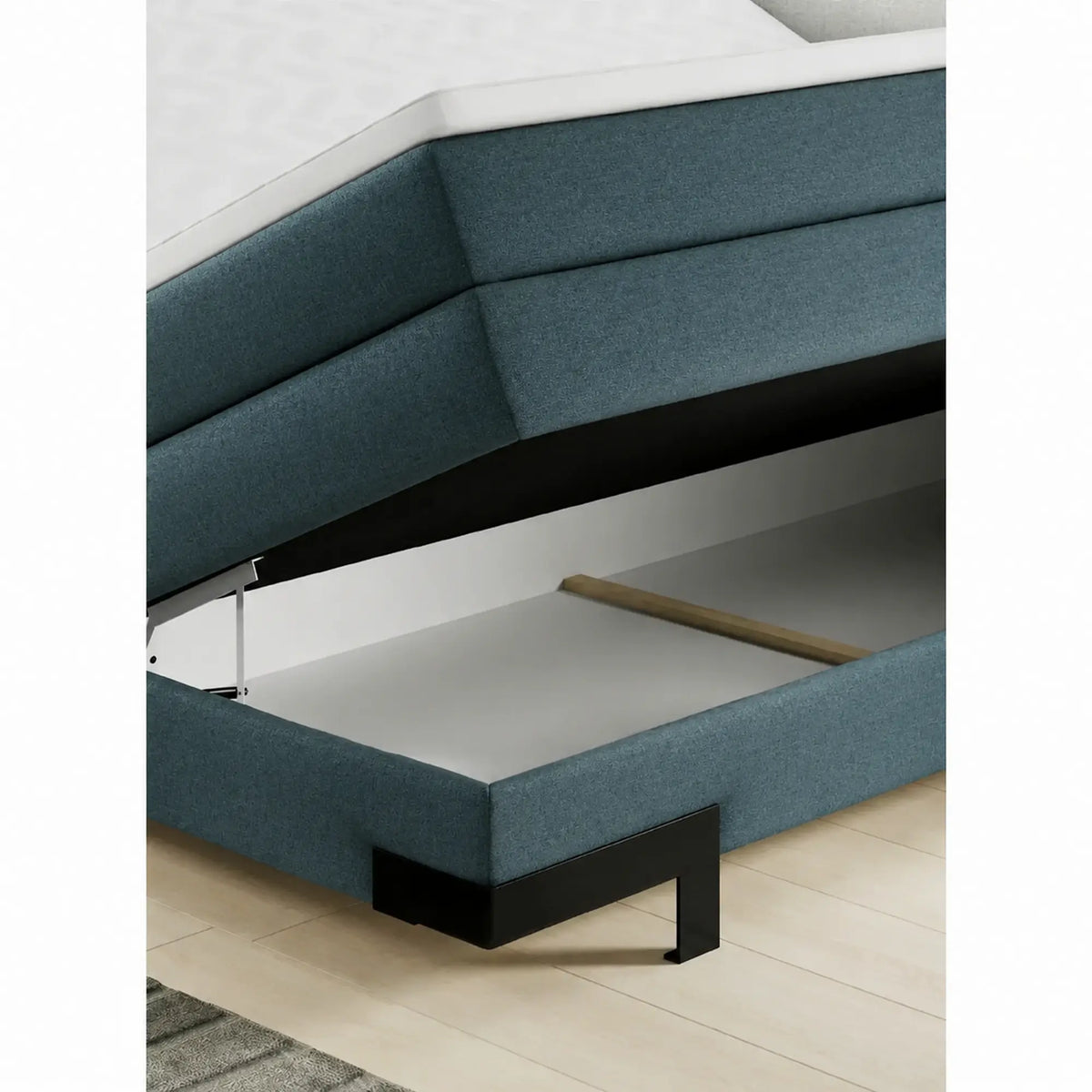 Pat boxspring KANO 160x200, stofa catifelata albastru - Palladium 14, cu saltea, topper, tetiere reglabile si 2 spatii depozitare