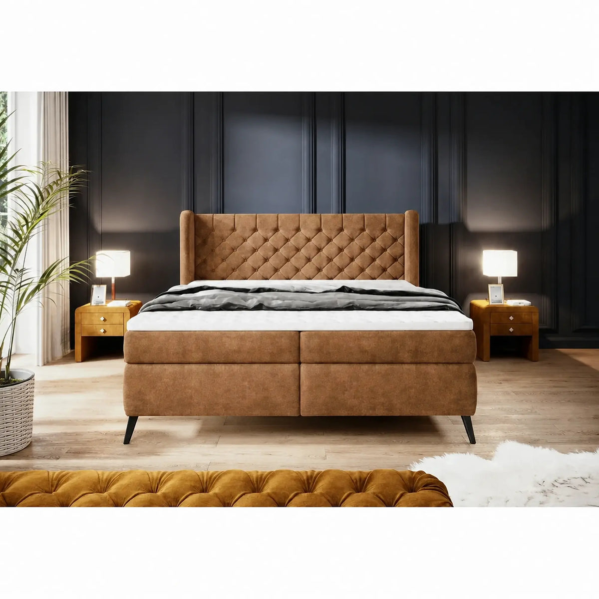 Pat boxspring MADISON 160x200, stofa caramiziu - Whisper 9, cu saltele si topper