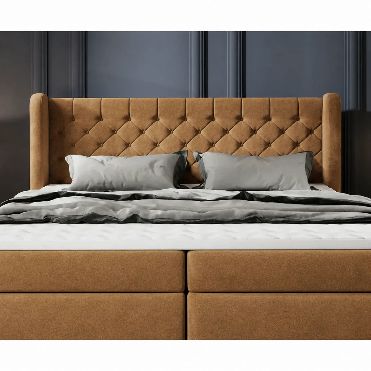 Pat boxspring MADISON 160x200, stofa caramiziu - Whisper 9, cu saltele si topper