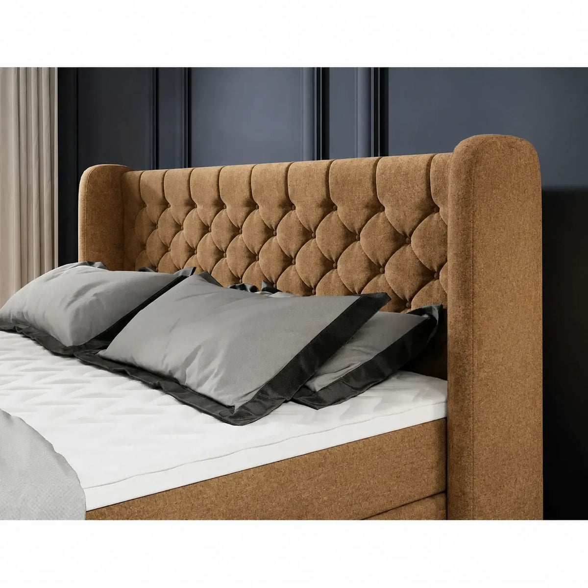 Pat boxspring MADISON 160x200, stofa caramiziu - Whisper 9, cu saltele si topper