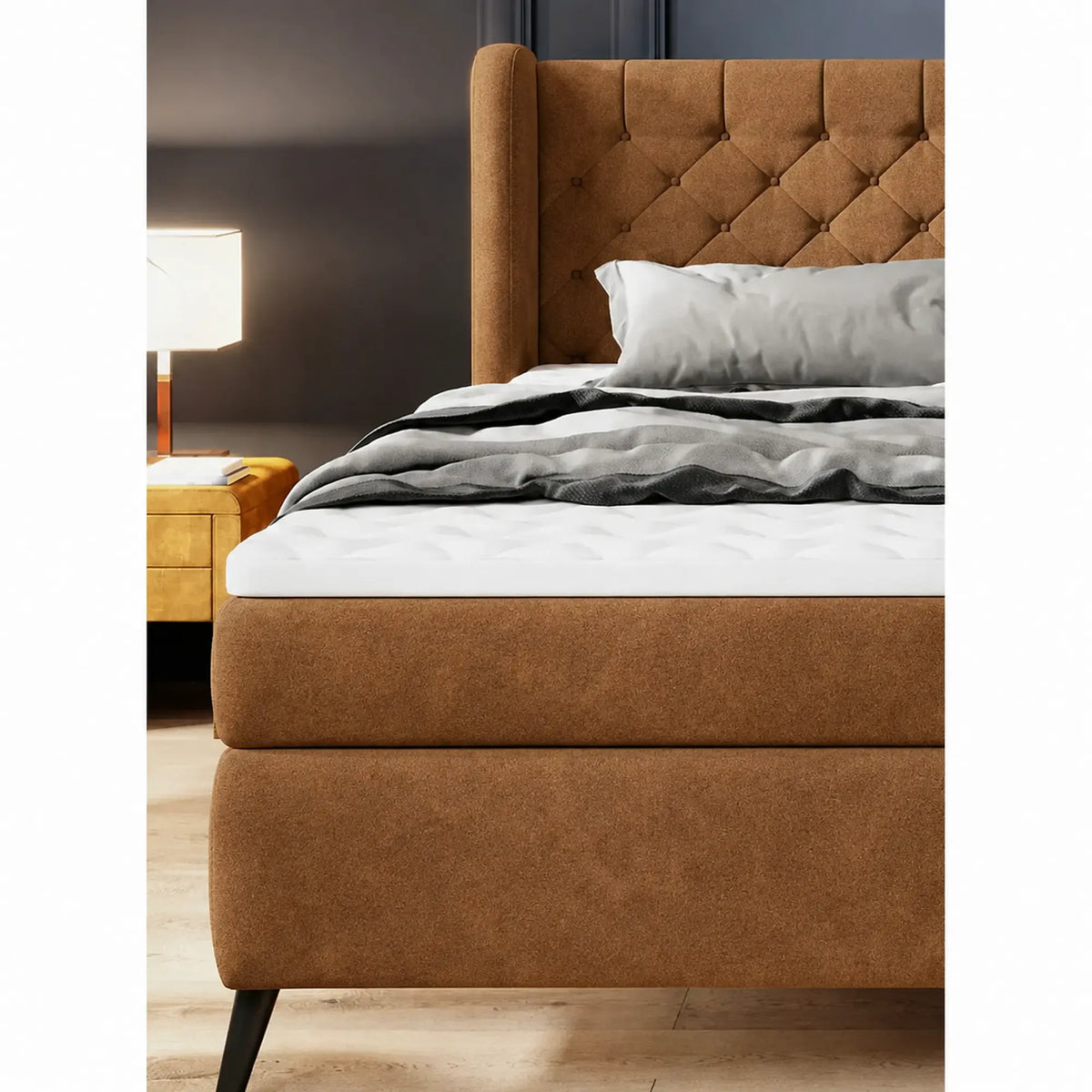 Pat boxspring MADISON 160x200, stofa caramiziu - Whisper 9, cu saltele si topper