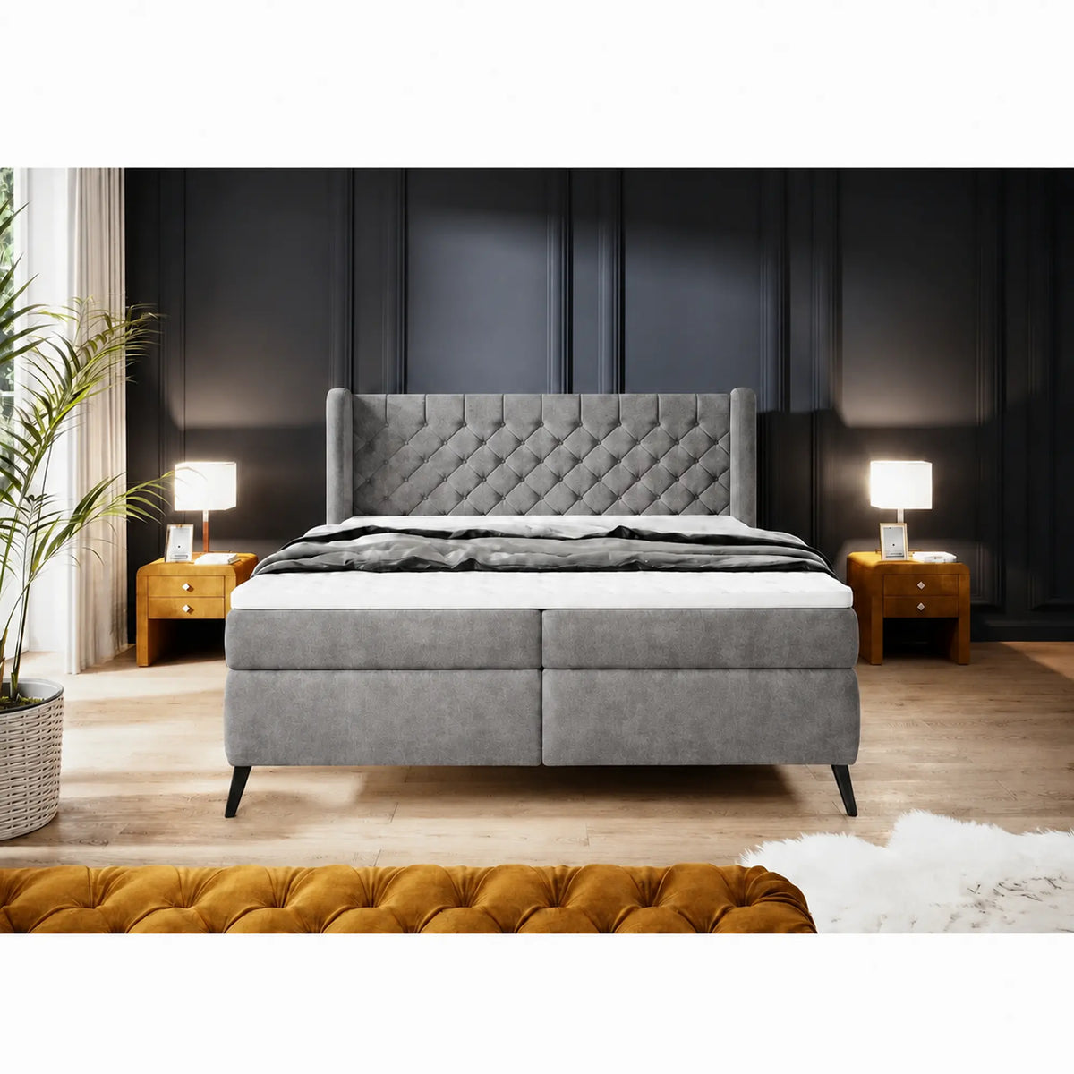 Pat boxspring MADISON 160x200, stofa gri - Salvador 14, cu saltele si topper
