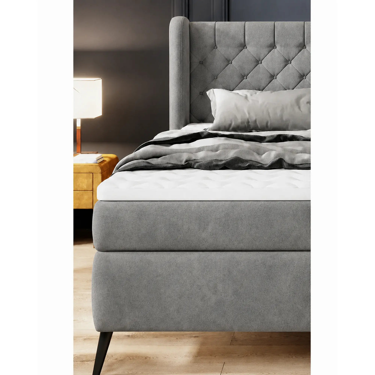 Pat boxspring MADISON 160x200, stofa gri - Salvador 14, cu saltele si topper