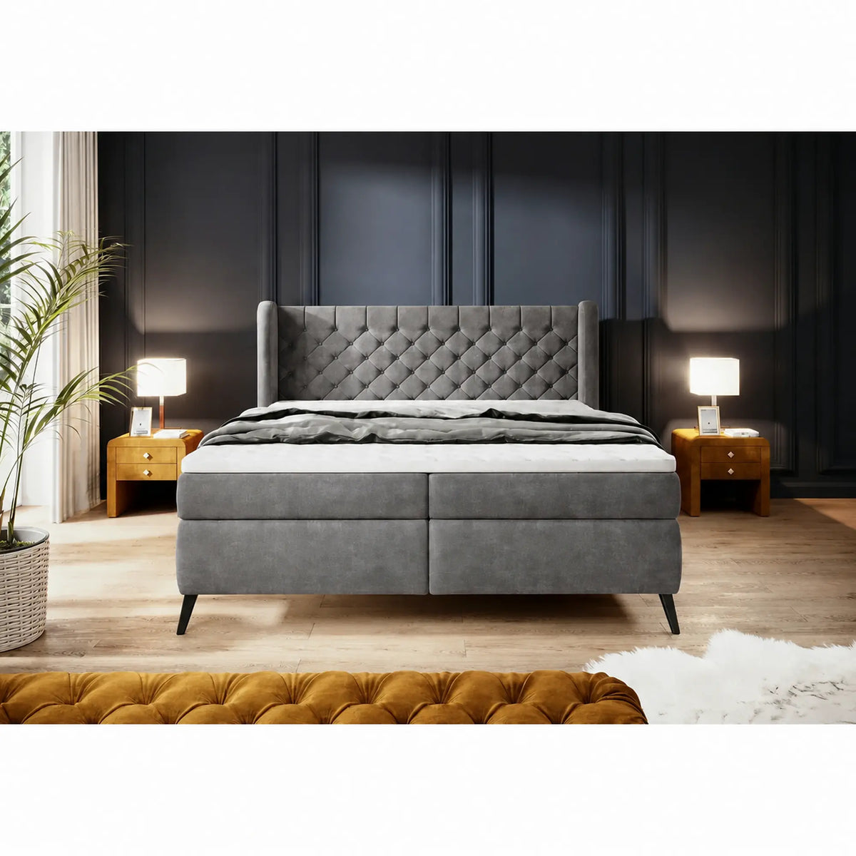Pat boxspring MADISON 180x200, stofa catifelata gri - Salvador 14, cu saltele si topper