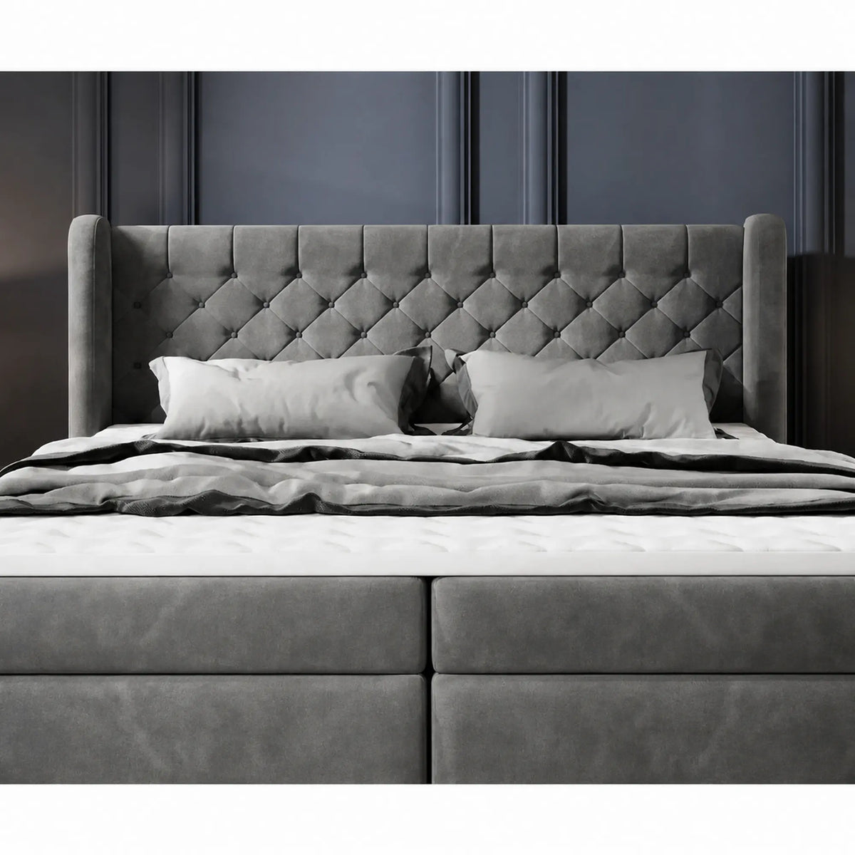 Pat boxspring MADISON 180x200, stofa catifelata gri - Salvador 14, cu saltele si topper