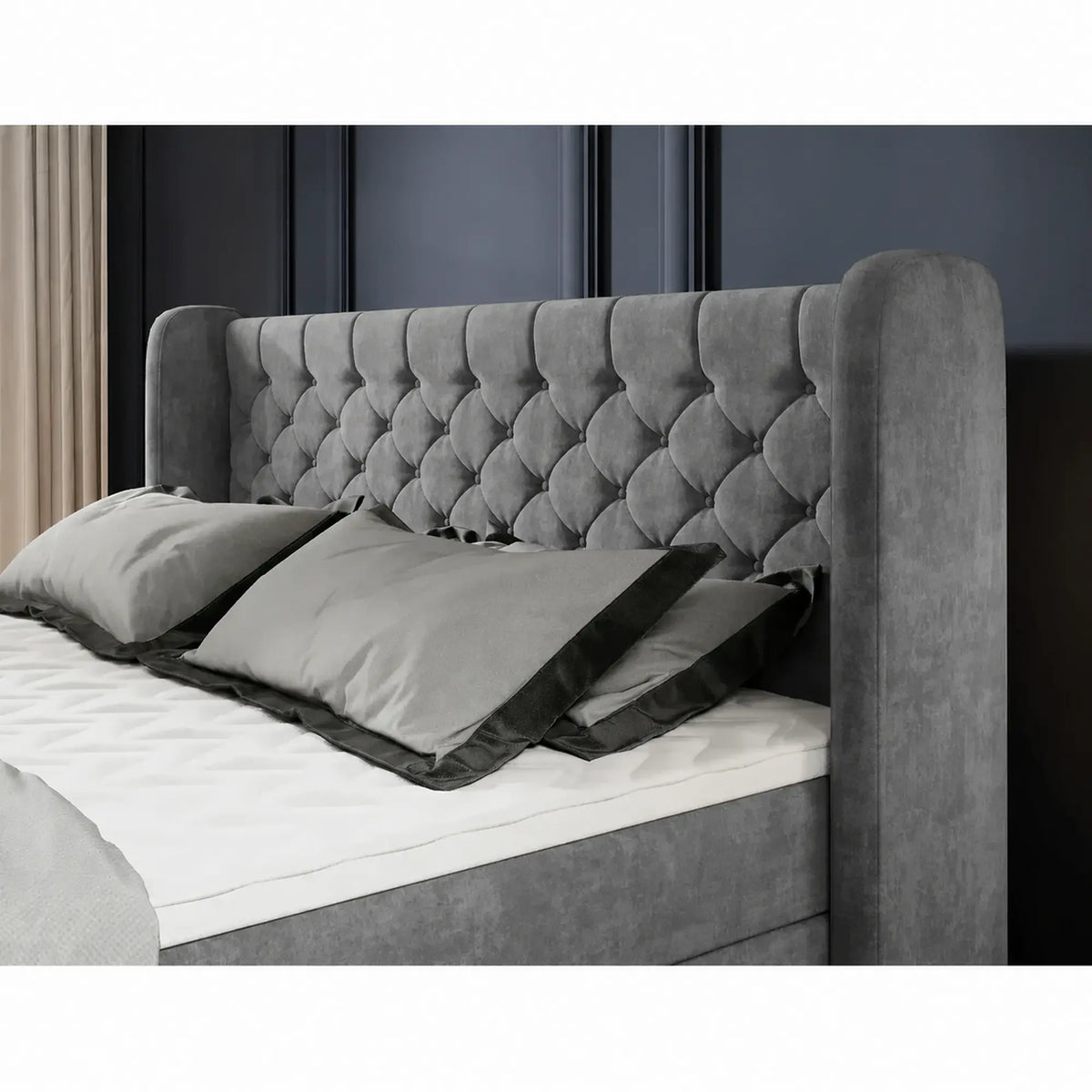 Pat boxspring MADISON 180x200, stofa catifelata gri - Salvador 14, cu saltele si topper
