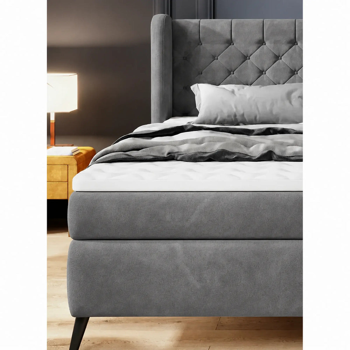 Pat boxspring MADISON 180x200, stofa catifelata gri - Salvador 14, cu saltele si topper