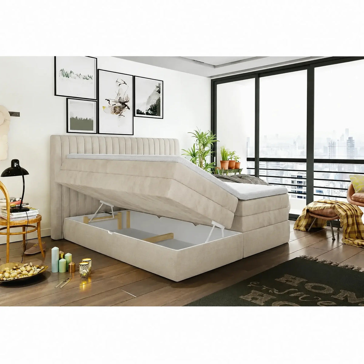 Pat boxspring MINOLA 140x200, stofa catifelata crem - Riviera 21, cu saltele, topper si 2 lazi pentru depozitare