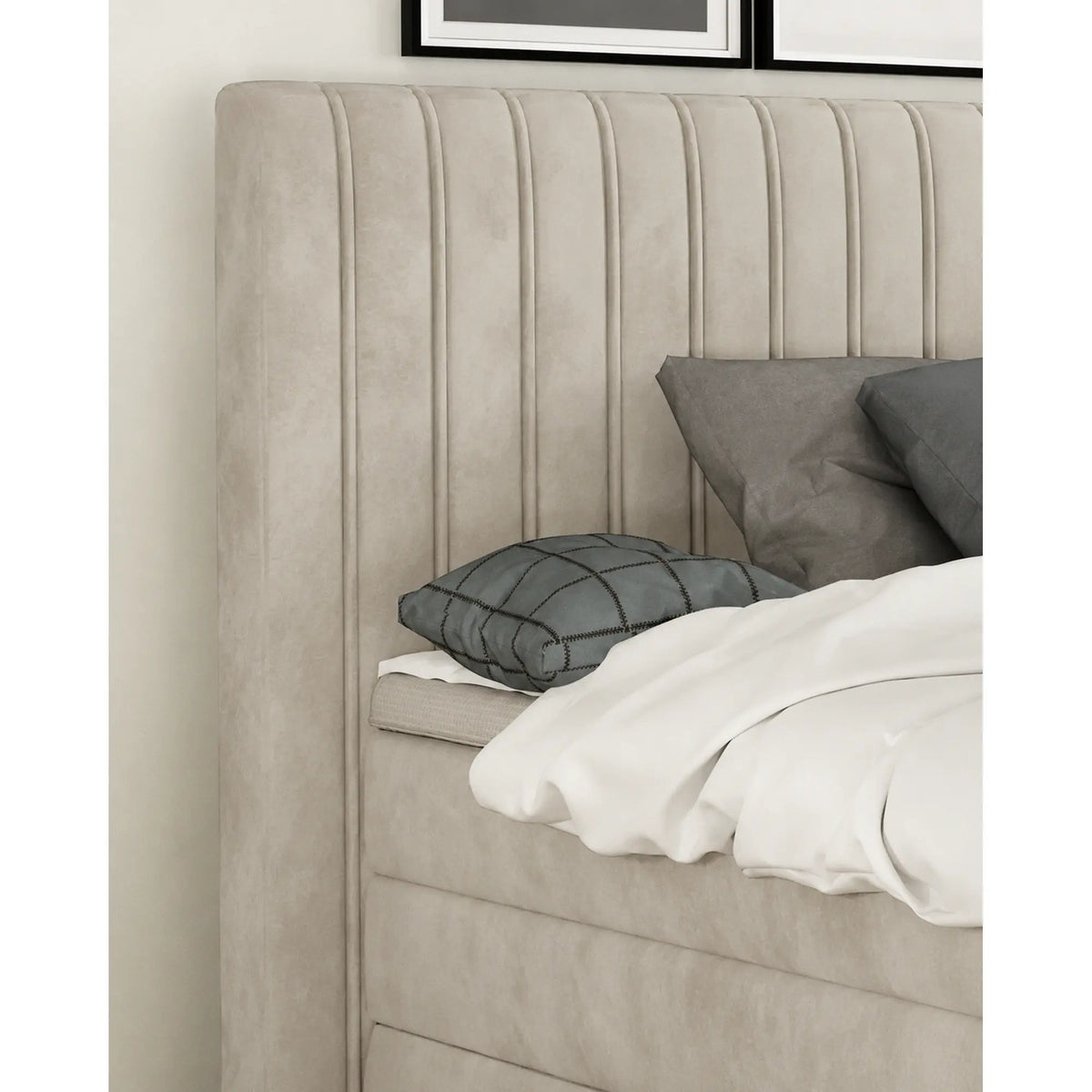Pat boxspring MINOLA 140x200, stofa catifelata crem - Riviera 21, cu saltele, topper si 2 lazi pentru depozitare