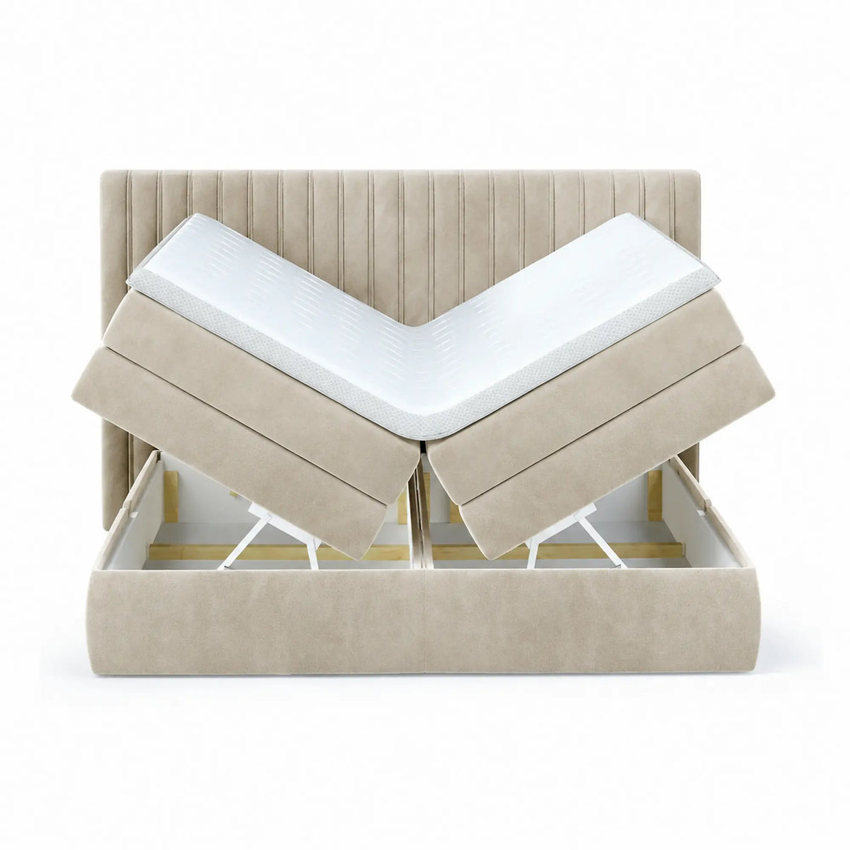 Pat boxspring MINOLA 140x200, stofa catifelata crem - Riviera 21, cu saltele, topper si 2 lazi pentru depozitare