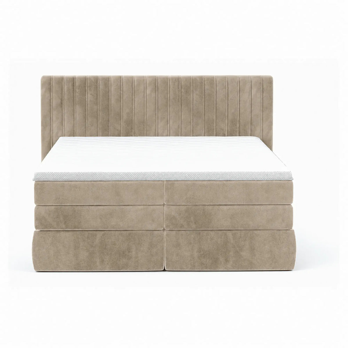 Pat boxspring MINOLA 160x200, stofa catifelata bej - Riviera 16, cu saltele, topper si 2 lazi pentru depozitare